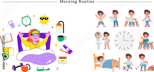 Morning Routine Flat Vector Infographic Daily Habits Time Management Set