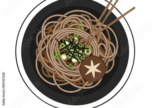 A plate of noodles with chopsticks.