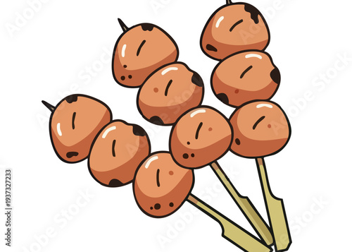 Cartoon illustration of roasted chestnuts on skewers.