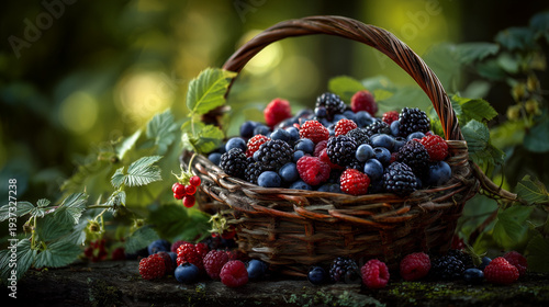 Ai Freshly picked berries in a woven basket surrounded by green leaves in the forest during daylight
