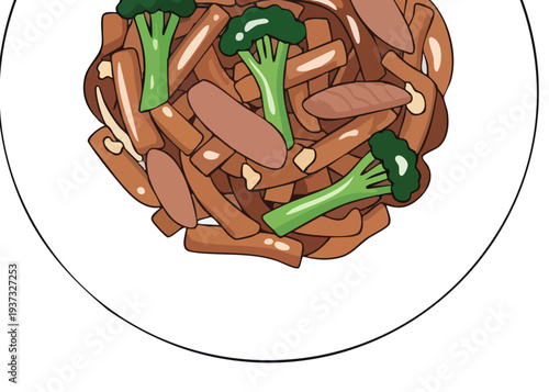 A plate of noodles with broccoli.