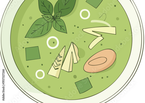 A bowl of creamy green soup with basil and cheese.