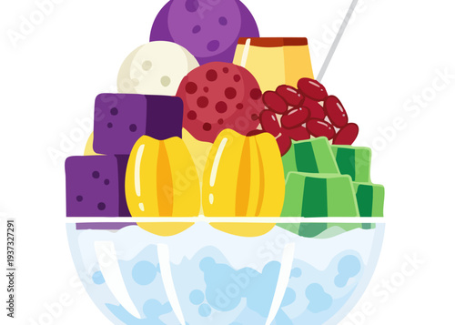 A colorful dessert bowl with assorted sweets.