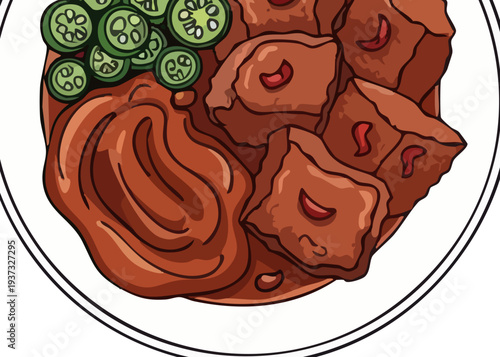 Spicy meat dish with sliced jalapeños.