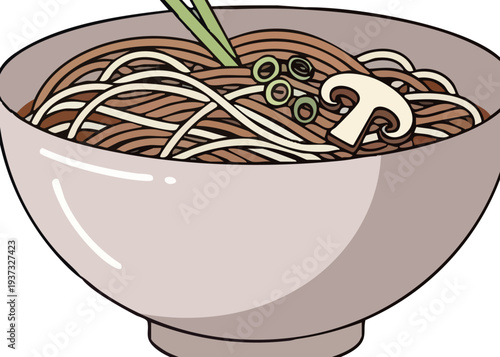 A bowl of noodles with chopsticks.