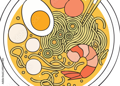 A bowl of ramen with egg and shrimp.