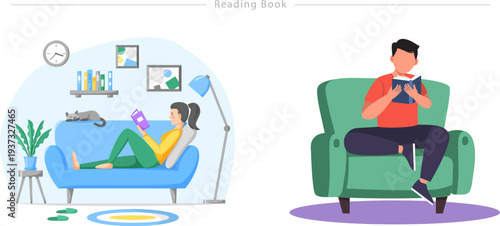 Reading Book Flat Character Illustration Cozy Studying Relaxation Set
