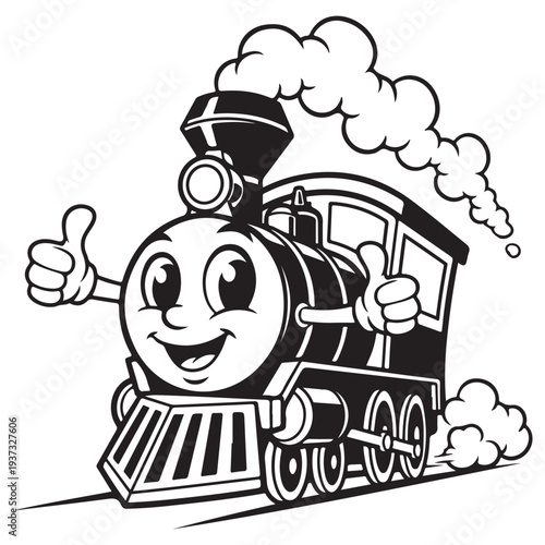 Friendly Cartoon Train Character Giving Thumbs Up in Black and White