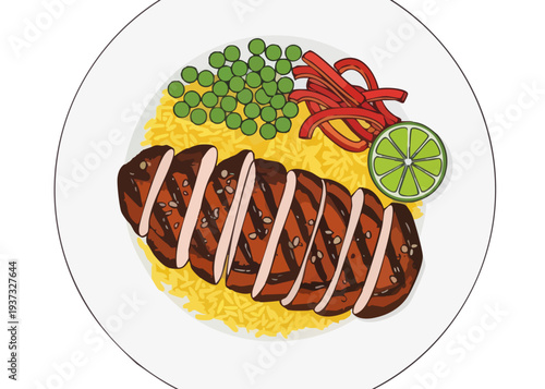 Grilled chicken with rice and vegetables.