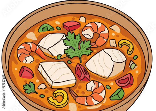 Delicious seafood soup with shrimp and fish.