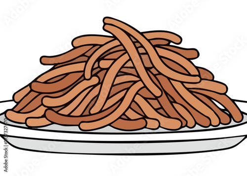 A plate of tasty brown noodles.