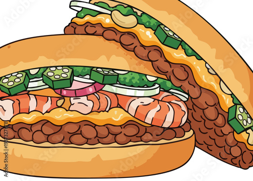 A delicious shrimp burger with melted cheese.