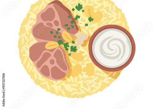 Delicious plate of food with meat and rice.