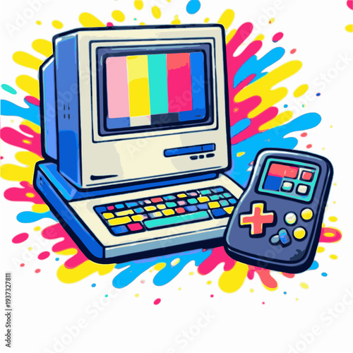 A colorful illustration of a computer and video game controller on transparent background