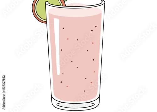 A pink smoothie with lime wedge.