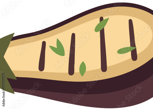 A cartoon illustration of an eggplant cut in half.