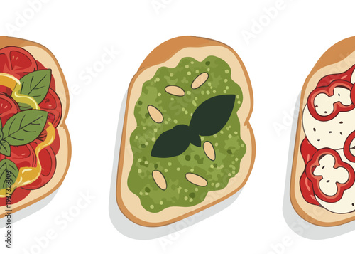 Variety of toast with different toppings.