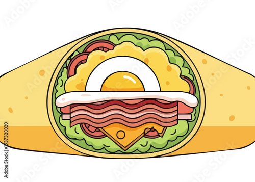 A cartoon breakfast burrito with egg bacon cheese lettuce and tomato.