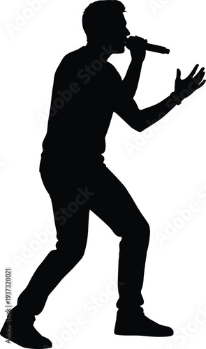Man singing with microphone silhouette, music performance vector illustration, pop star vocalist isolated on white background, concert entertainment