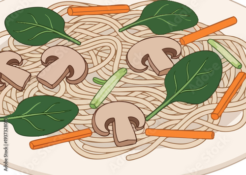 A plate of noodles with mushrooms and vegetables.
