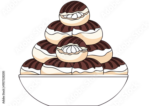 Stylized illustration of a croquembouche dessert with layered profiteroles.