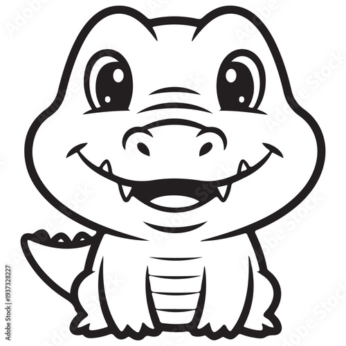 Cute Baby Alligator Cartoon Character Smiling Outline Illustration