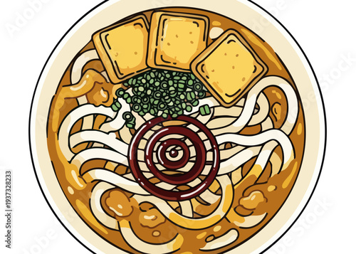 A steaming bowl of udon noodle soup with tofu and garnishes.