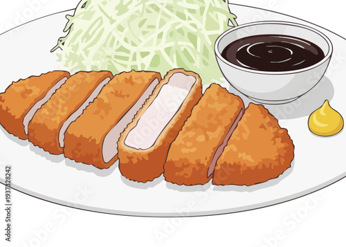 Crispy Japanese Tonkatsu with Shredded Cabbage and Savory Sauce.