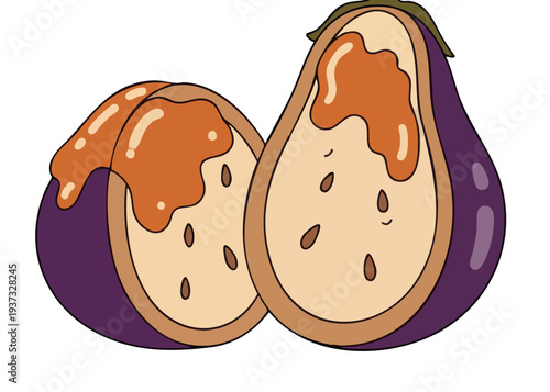 Two ripe figs, one cut open to reveal the inside.