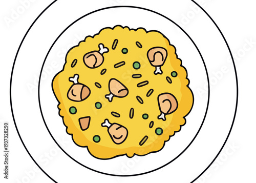 A cartoon illustration of a plate of food with various toppings.