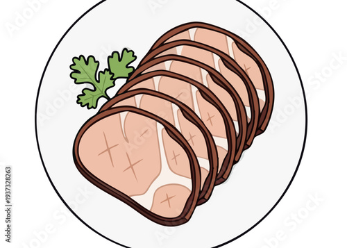 Sliced Roasted Meat on a Plate with Garnish.