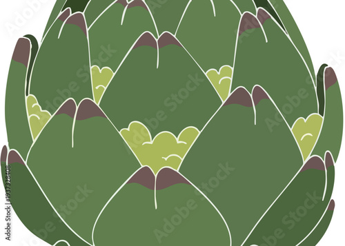 A stylized green artichoke with purple tips and white outlines on a white background.