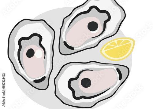 Three oysters on the half shell with lemon.