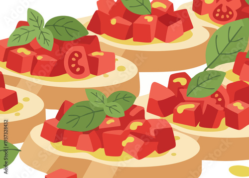 Bruschetta with tomatoes and basil on toasted bread.