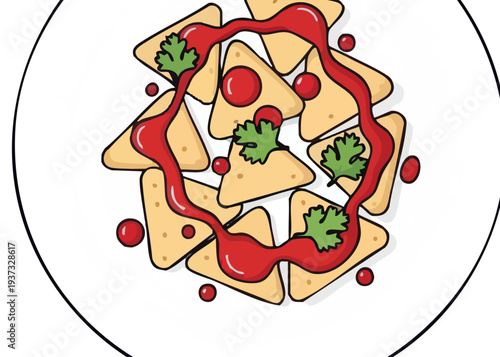 A plate of nachos with salsa and garnish.