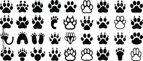 Assorted Black Animal Paw Print and Footprint Silhouettes on White Background Keywords: paw print, animal tracks, dog paw, cat