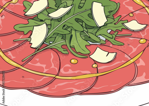 Thinly sliced carpaccio with arugula and parmesan cheese.