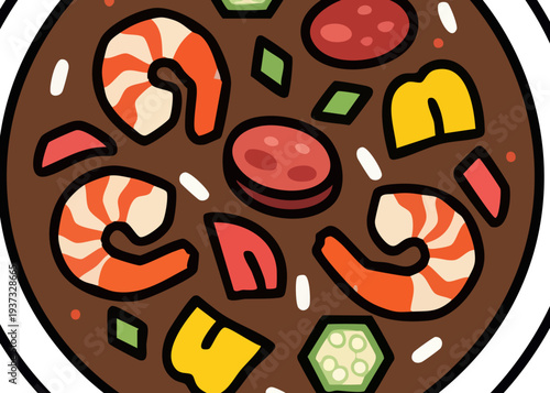 Delicious cartoon pizza with seafood and vegetables toppings.