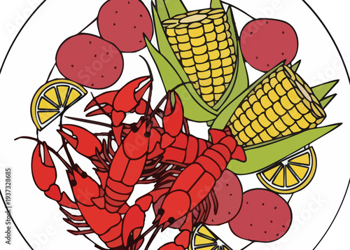 Delicious seafood boil with lobster, corn, and potatoes on a plate.