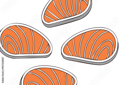 Four salmon sashimi pieces on white background.