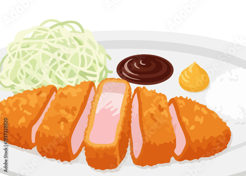 Breaded and Fried Chicken Cutlet with Shredded Cabbage and Dipping Sauces on a Plate.