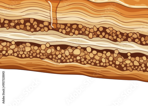 Cross-section of layered earth with geological formations and textures.