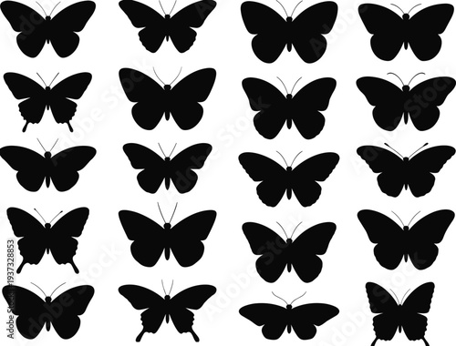 Assortment of black butterfly silhouettes in various poses and wing configurations Keywords: butterfly, silhouette, insect