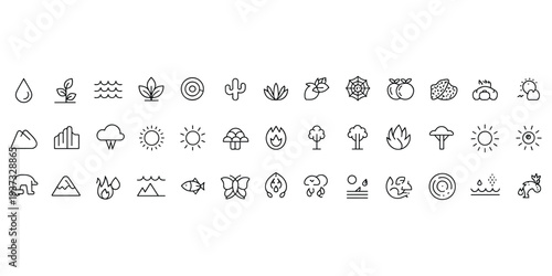 Assortment of Nature and Weather Icons in Simple Line Art Style illustration water drop