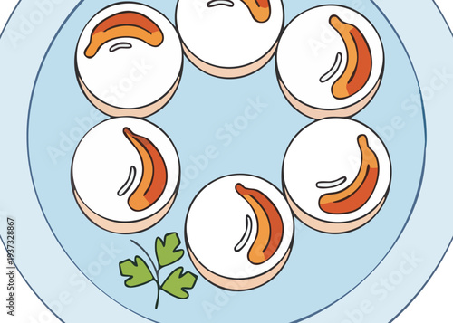 Six pancakes arranged on a blue plate with a green leaf.