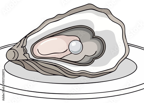 Oyster shell with pearl on a plate.