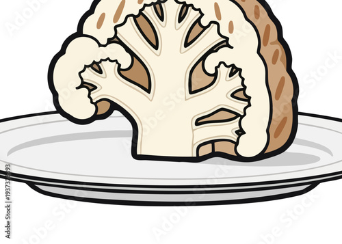 A cartoon illustration of a cauliflower on a white plate.