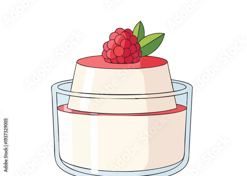 Delicious Panna Cotta Dessert with Raspberry Topping in Glass Container.