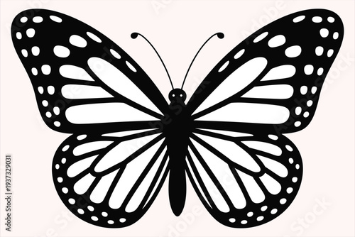 Black and white monarch butterfly silhouette with detailed wings on a pale pink background Keywords: butterfly, monarch