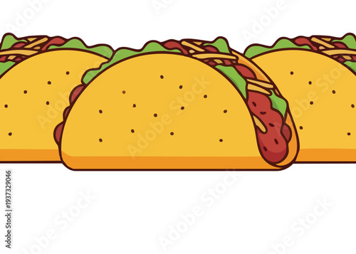 Three tacos with lettuce and tomato filling on white background.